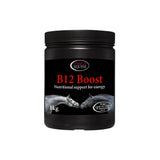 Black plastic jar with black lid labeled b12 boost by omega equine for equine b12 boost and complex b vitamins support