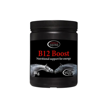 Black plastic jar with black lid labeled b12 boost by omega equine for equine b12 boost and complex b vitamins support
