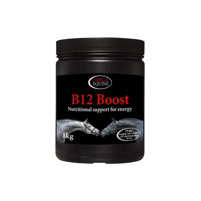 Black plastic jar with black lid labeled b12 boost by omega equine for equine b12 boost and complex b vitamins support
