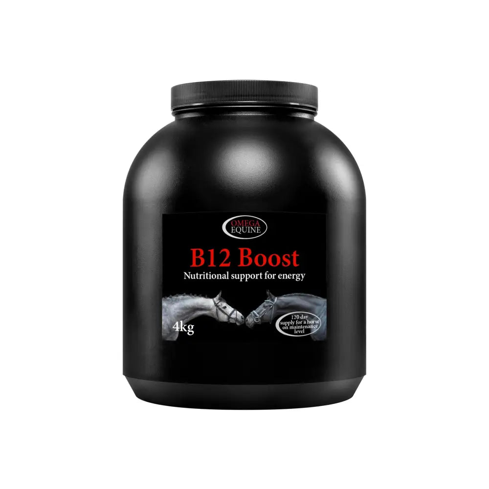 Black plastic container of omega equine b12 boost complex b vitamins nutritional supplement for horses 4kg