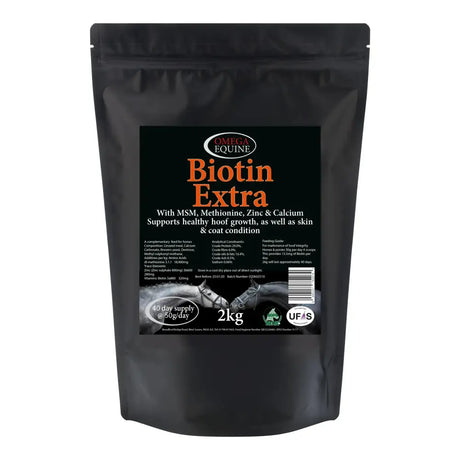 Black resealable pouch of omega equine biotin extra supplement for horses helps with trouble holding shoes