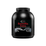 Black plastic container of omega equine boswellia extra 2.8kg supplement for fluid joint movement and horse mobility
