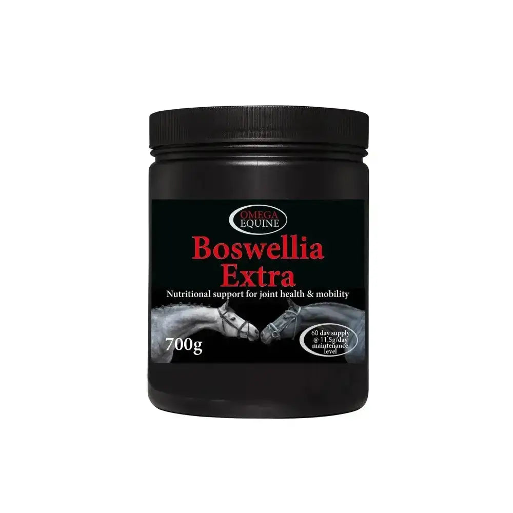 Black plastic jar with black lid omega equine boswellia extra for fluid joint movement with horse images on label
