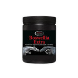 Black plastic jar with black lid omega equine boswellia extra for fluid joint movement with horse images on label