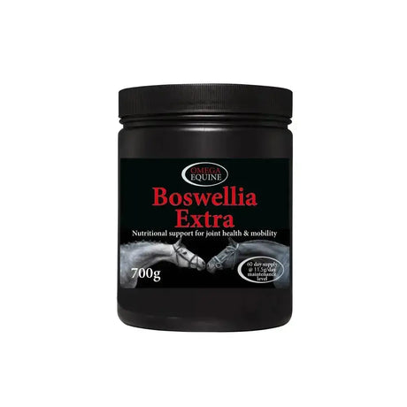Black plastic jar with black lid omega equine boswellia extra for fluid joint movement with horse images on label