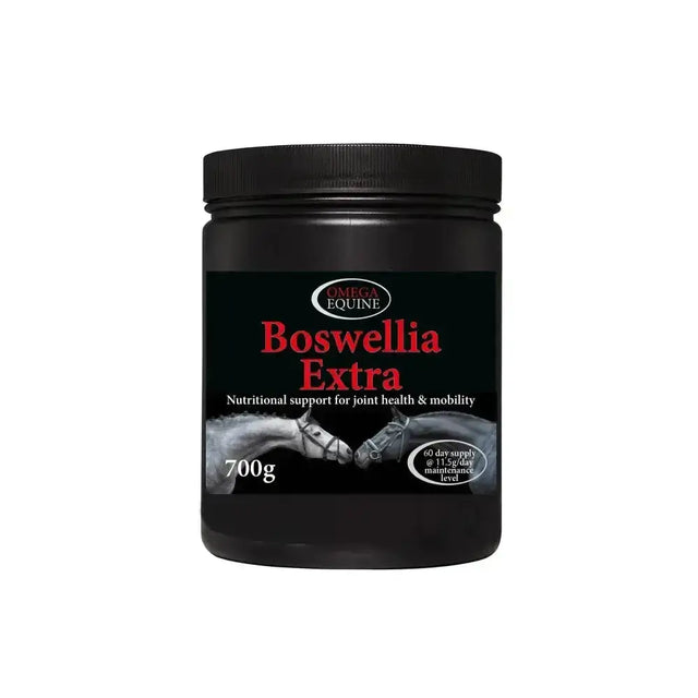 Black plastic jar with black lid omega equine boswellia extra for fluid joint movement with horse images on label