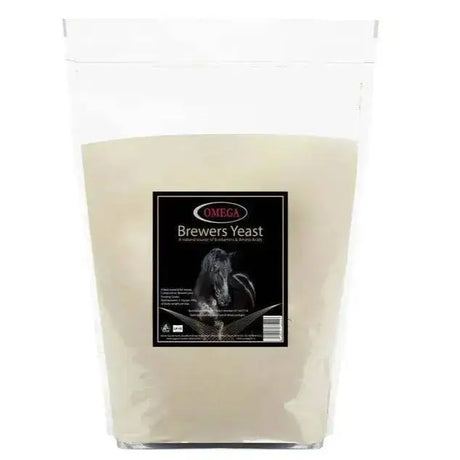 A 1kg clear pouch of omega equine brewers yeast white powder with a black label for coat condition omega supplements