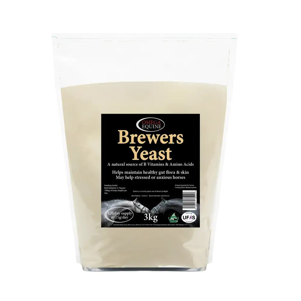 A 3kg bag of omega equine brewers yeast with creamy off-white powder in a clear resealable pouch for coat condition omega