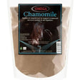 A 1kg bag of omega equine chamomile light beige powder in a clear pouch with black label aiding restful sleep