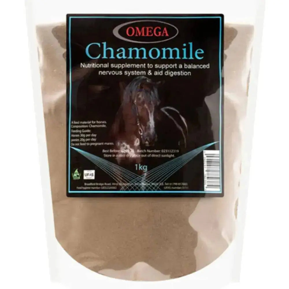 A 1kg bag of omega equine chamomile light beige powder in a clear pouch with black label aiding restful sleep