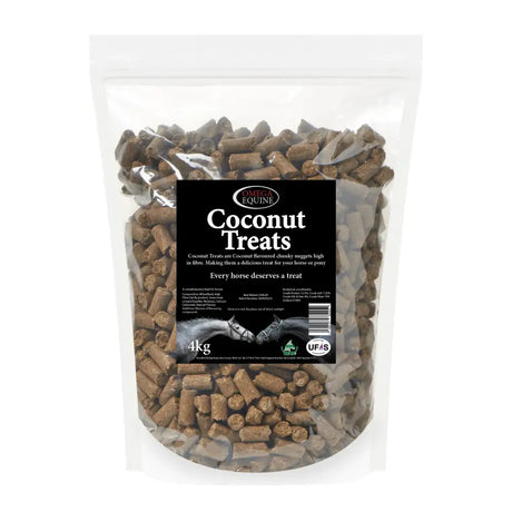 A 4kg bag of omega equine coconut horse treats featuring brown cylindrical snacks in a handy resealable bag