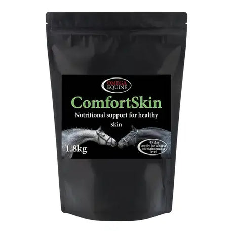 Black resealable pouch of omega equine comfortskin 1.8kg nutritional supplement for healthy horse skin care
