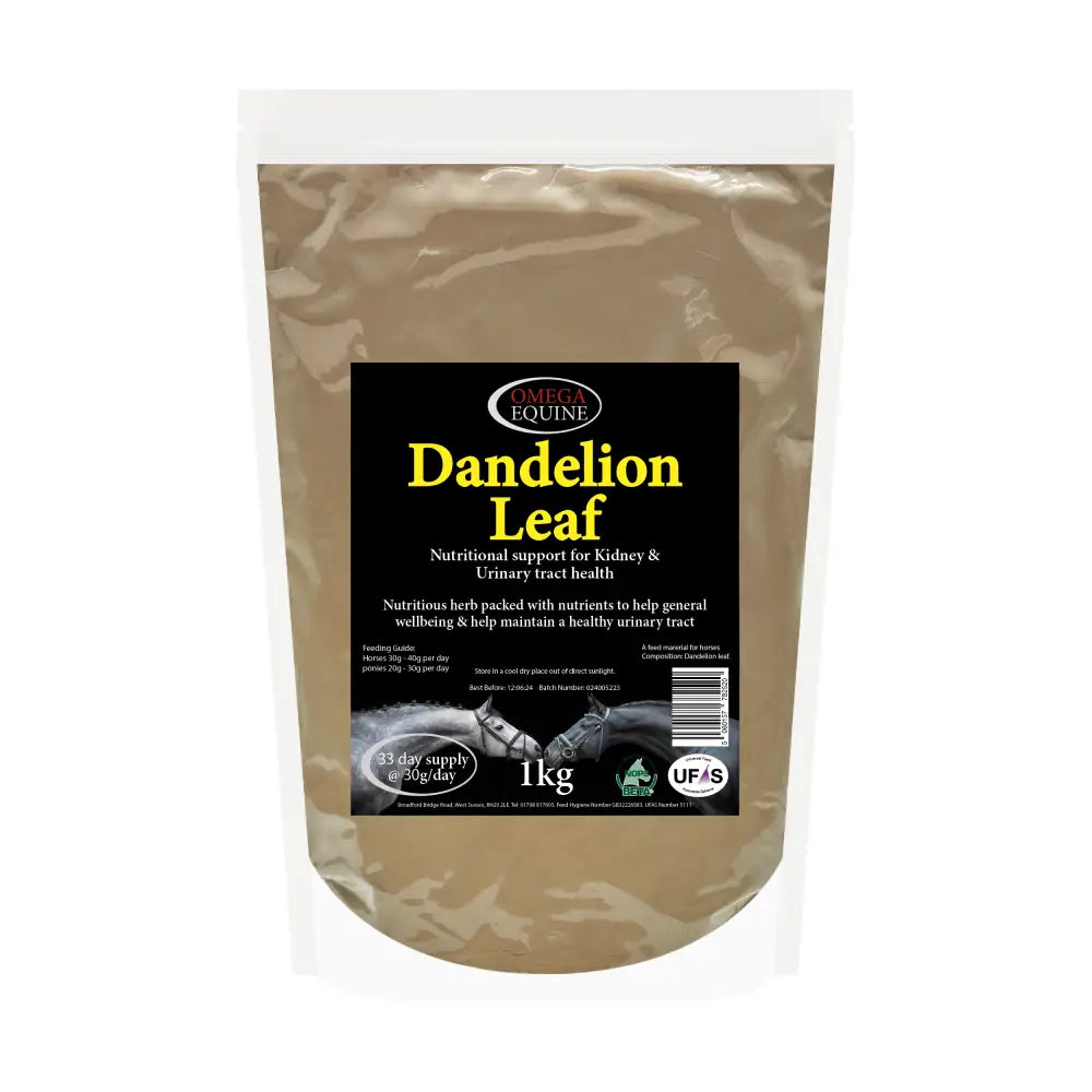 A 1kg bag of omega equine dandelion leaf herbal supplement in a brown pouch for regular bowel movements