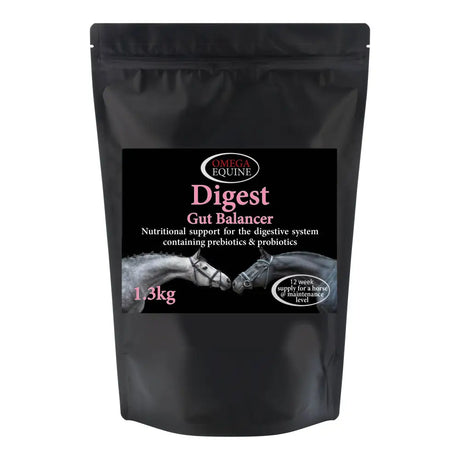 Black resealable pouch of omega equine digest gut balancer 1.3kg supplement with prebiotics and probiotics for horses