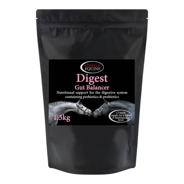 Black resealable pouch of omega equine digest gut balancer 1.3kg supplement with prebiotics and probiotics for horses