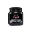 Black plastic jar with black ribbed lid labeled omega equine digest gut balancer in pink and white text on dark background