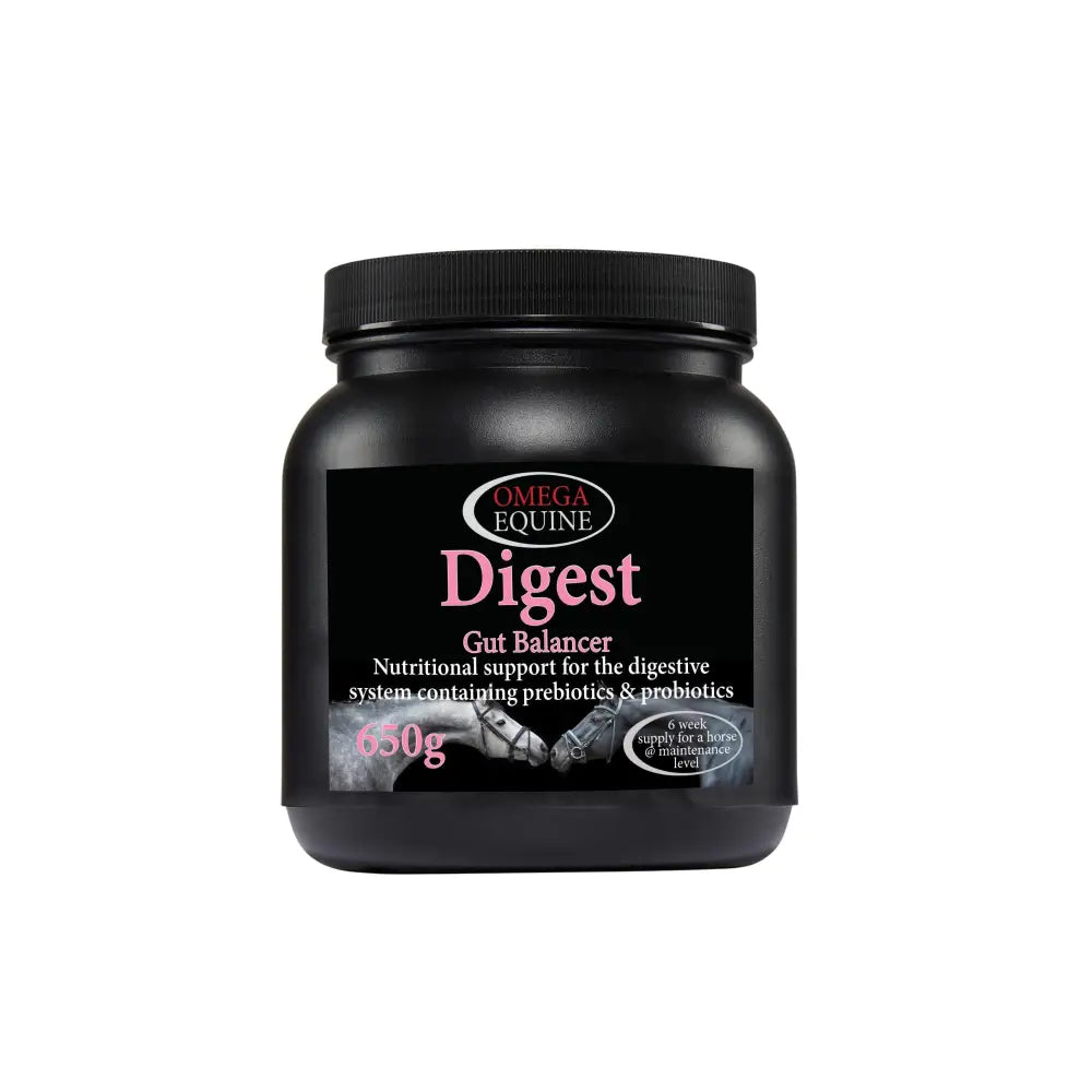 Black plastic jar with black ribbed lid labeled omega equine digest gut balancer in pink and white text on dark background