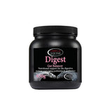 Black plastic jar with black ribbed lid labeled omega equine digest gut balancer in pink and white text on dark background