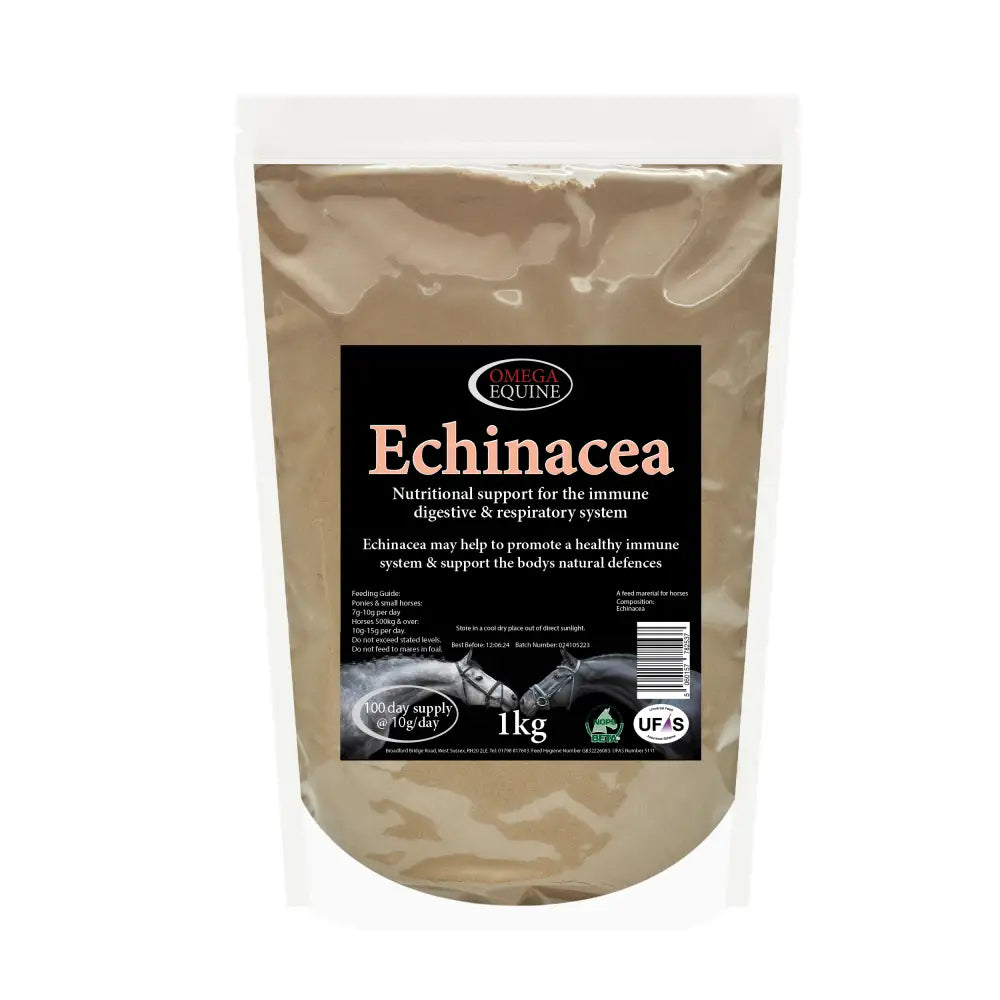 A 1kg bag of omega equine echinacea powder in a clear resealable pouch with a black label for horse supplements