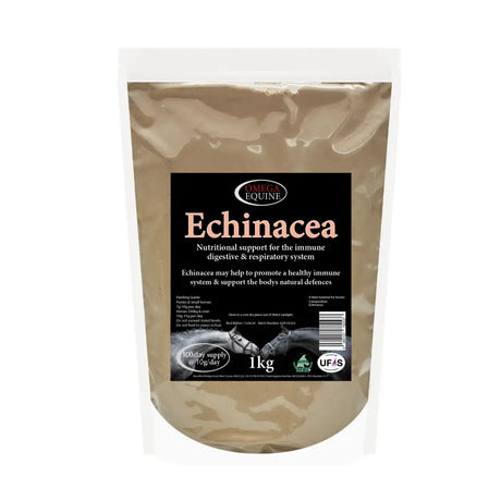A 1kg bag of omega equine echinacea powder in a clear resealable pouch with a black label for horse supplements