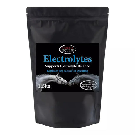 Black resealable pouch of omega equine electrolytes with blue label and two horses to help replenish lost electrolytes