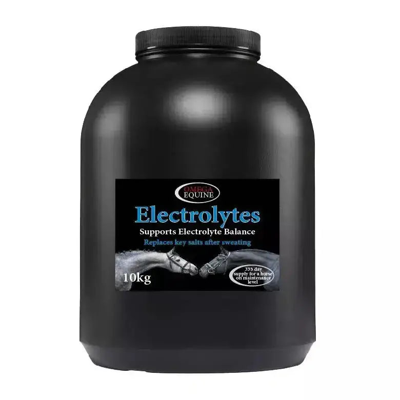 Black plastic container of omega equine electrolytes with blue text and horse image to replenish lost electrolytes