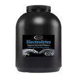 Black plastic container of omega equine electrolytes with blue text and horse image to replenish lost electrolytes
