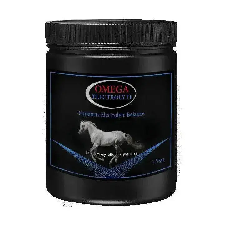 Black plastic container of omega equine electrolytes with white horse label and blue design to replenish lost electrolytes