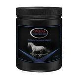 Black plastic container of omega equine electrolytes with white horse label and blue design to replenish lost electrolytes