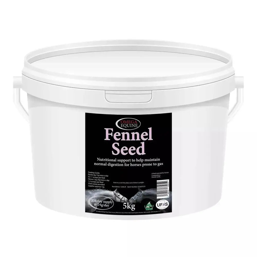 White plastic bucket of omega equine fennel seed 5kg container for naturally easing flatulence in horses