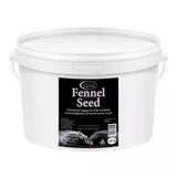 White plastic bucket of omega equine fennel seed 5kg container for naturally easing flatulence in horses