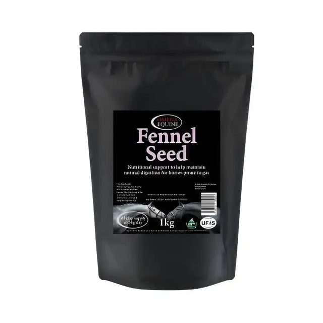 Black resealable pouch of omega equine fennel seeds for equines fragrant fennel naturally easing flatulence support