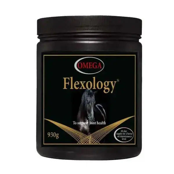 Black cylindrical container of omega equine flexology si 930g supplement for horse joint health with methyl sulphonyl methane