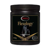 Black cylindrical container of omega equine flexology si 930g supplement for horse joint health with methyl sulphonyl methane