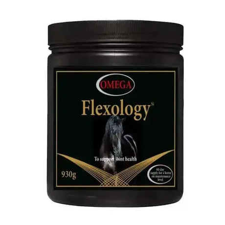 Black cylindrical container of omega equine flexology si 930g joint health supplement with methyl sulphonyl methane for horses