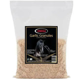 A 1kg bag of omega equine garlic granules with a black label and light beige contents for equine health
