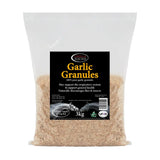 A 3kg transparent bag of omega equine garlic granules with light beige contents for equine health benefits