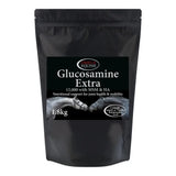 Black resealable pouch of omega equine glucosamine extra 1.8kg with white text and two horses on label