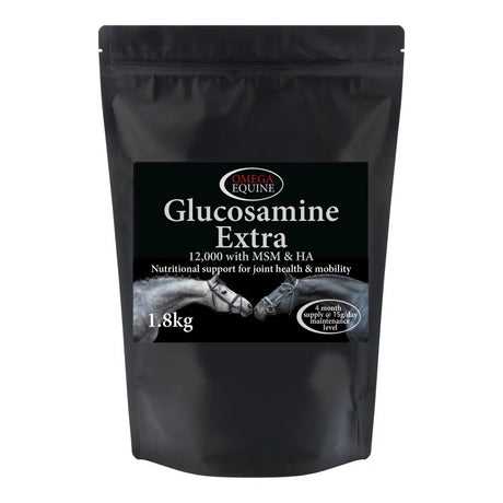 Black resealable pouch of omega equine glucosamine extra 1.8kg with white text and two horses on label