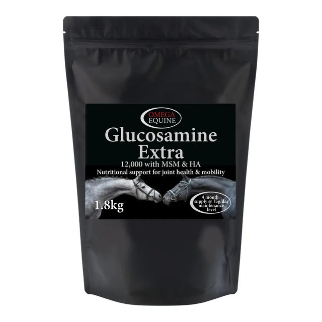 Black resealable pouch of omega equine glucosamine extra 1.8kg with white text and two horses on label