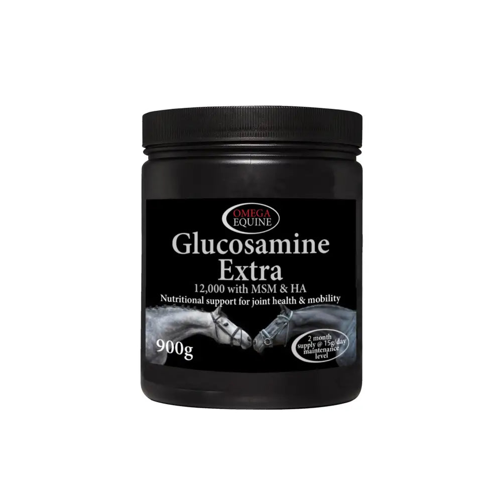 Black plastic jar of omega equine glucosamine extra 900g supplement for joint health and mobility in equine glucosamine extra