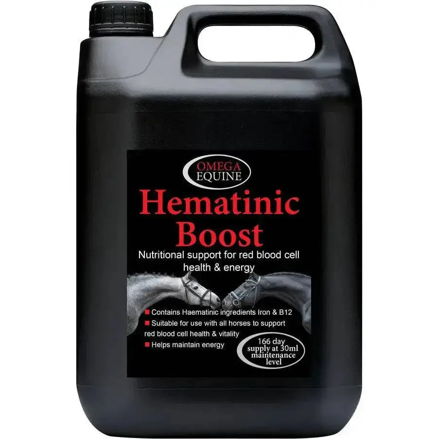 Black plastic jug of omega equine hematinic nutritional supplement supports haemoglobin in horses with iron and b12