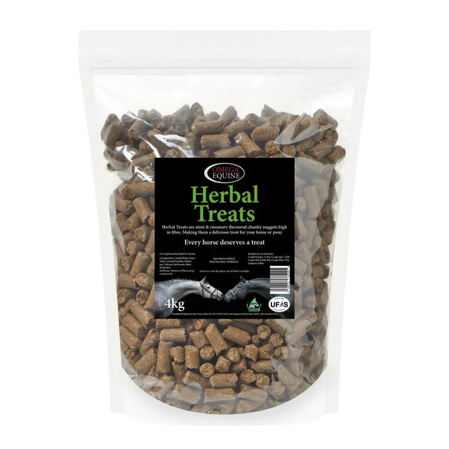 A 4kg bag of omega equine herbal horse treats with mint and rosemary chunky nuggets in a clear resealable pouch