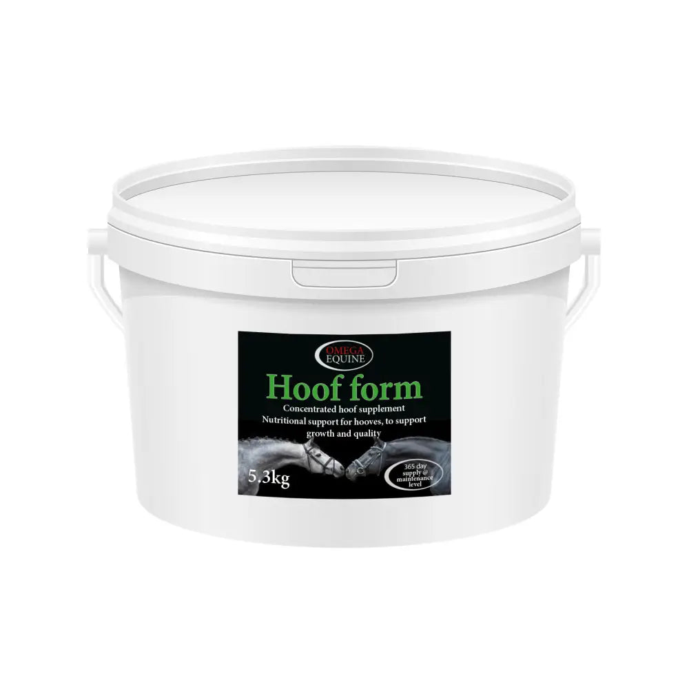 White plastic bucket of omega equine hoof form with black label green text horse hoof supplements for healthy hooves