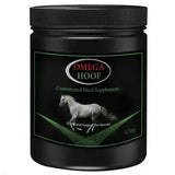 Black cylindrical omega equine hoof container with glossy finish and green accents for horse hoof supplements