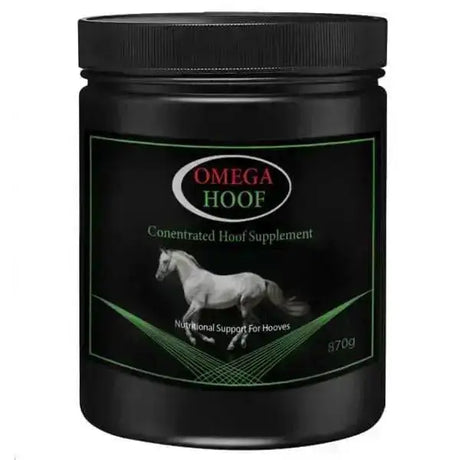 Black cylindrical omega equine hoof container with glossy finish and green accents for horse hoof supplements