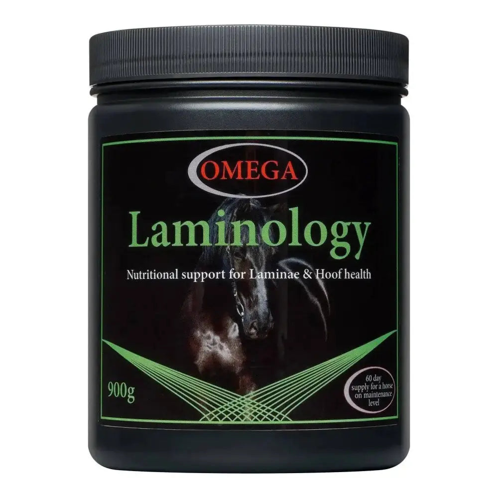 Black plastic jar with ribbed lid labeled omega equine laminology for supporting healthy laminae and horse hoof supplements