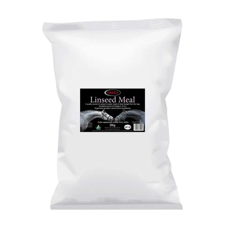 White plastic bag of omega equine linseed meal 20kg showing front of equine linseed meal 20kg packaging