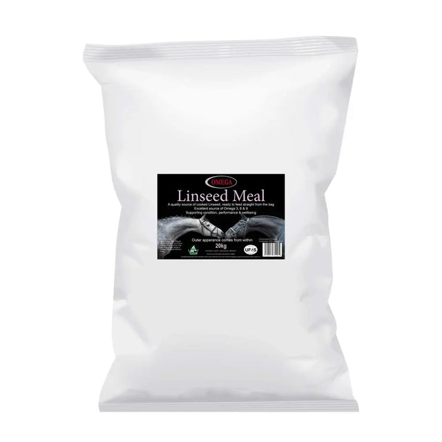 White plastic bag of omega equine linseed meal 20kg showing front of equine linseed meal 20kg packaging