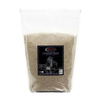 A 3kg transparent resealable bag of brown omega equine linseed meal with a black and white equine brand sticker for horse feed bucket